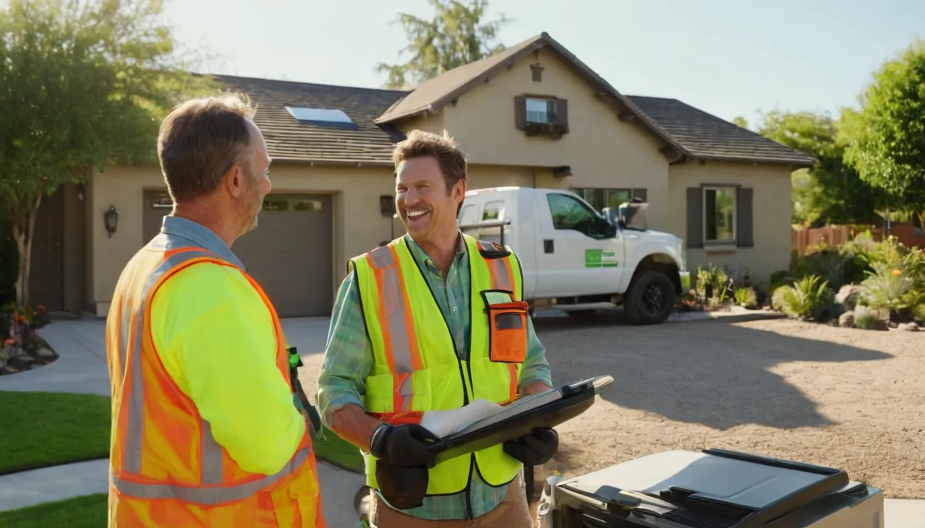 Friendly septic provider talking with a homeowner beside a yard access lid at a stucco home in Carson